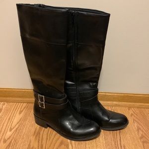 Black riding boots. Knee high, faux leather moto/riding boots. 1” heel